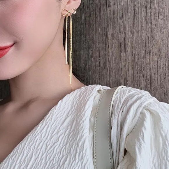 “Sweet Intentions” Gold Bow Dainty Delicate Tassel Sterling Silver Stud Earrings - Picture 5 of 7